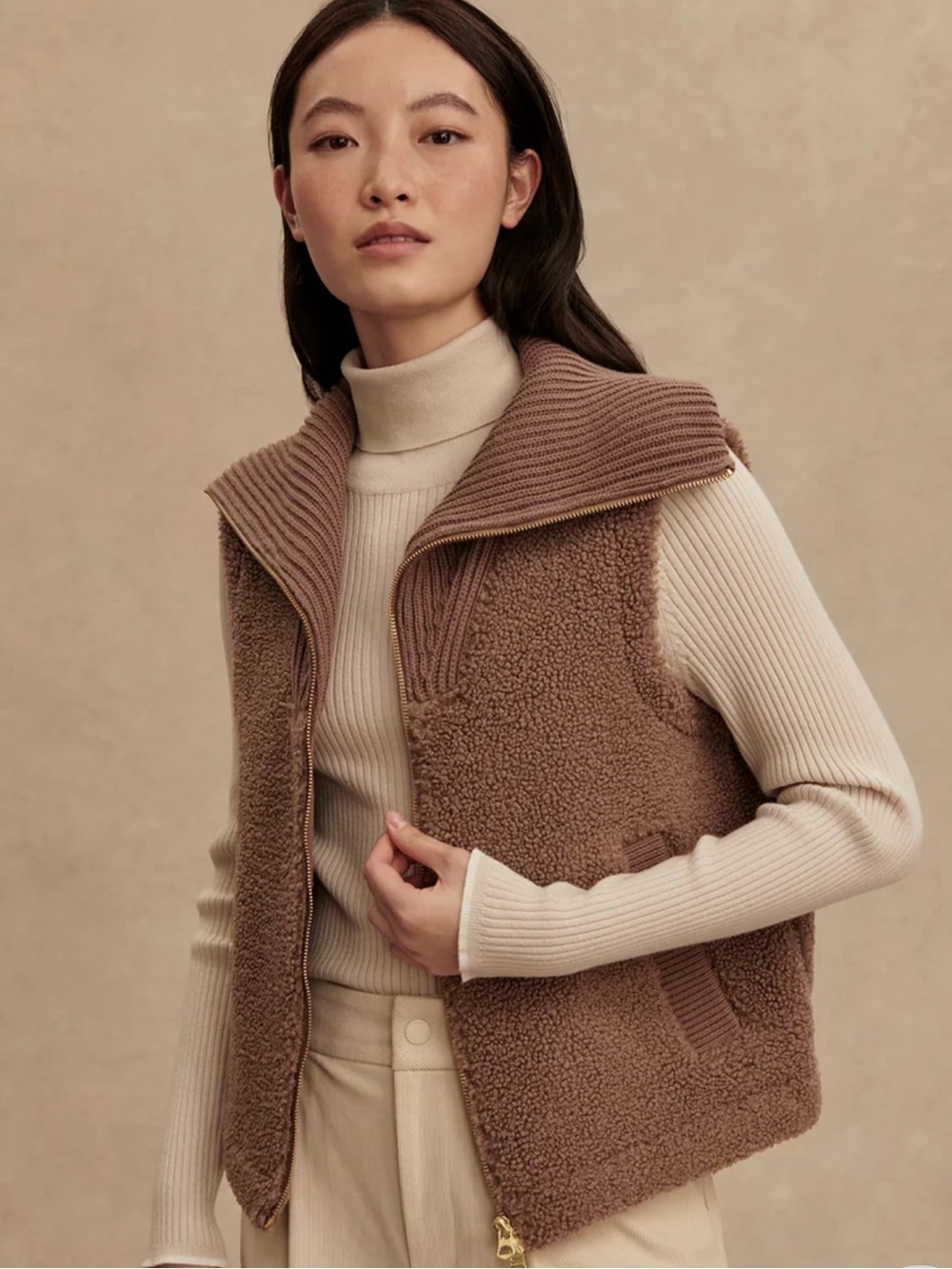 Varley aspen gilet brown boucle Sherpa vest ash taupe